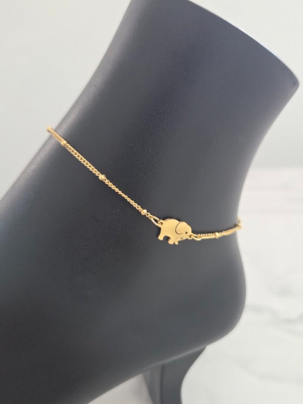 Gold Elephant Charm Anklet Dainty Minimalist Beaded Chain Jewelry - Picture 3 of 15